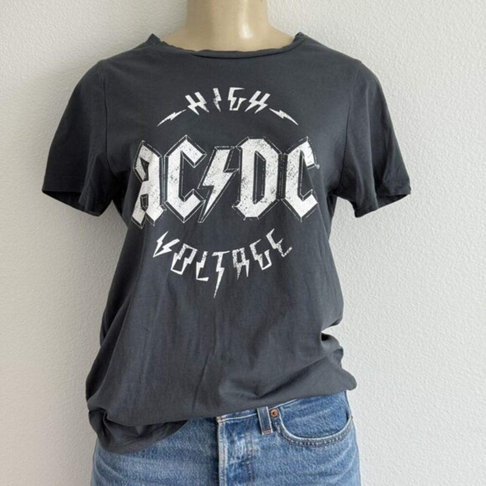 AC/DC High Voltage Graphic T-Shirt Small Charcoal Gray Distressed Rock Band Tee‎